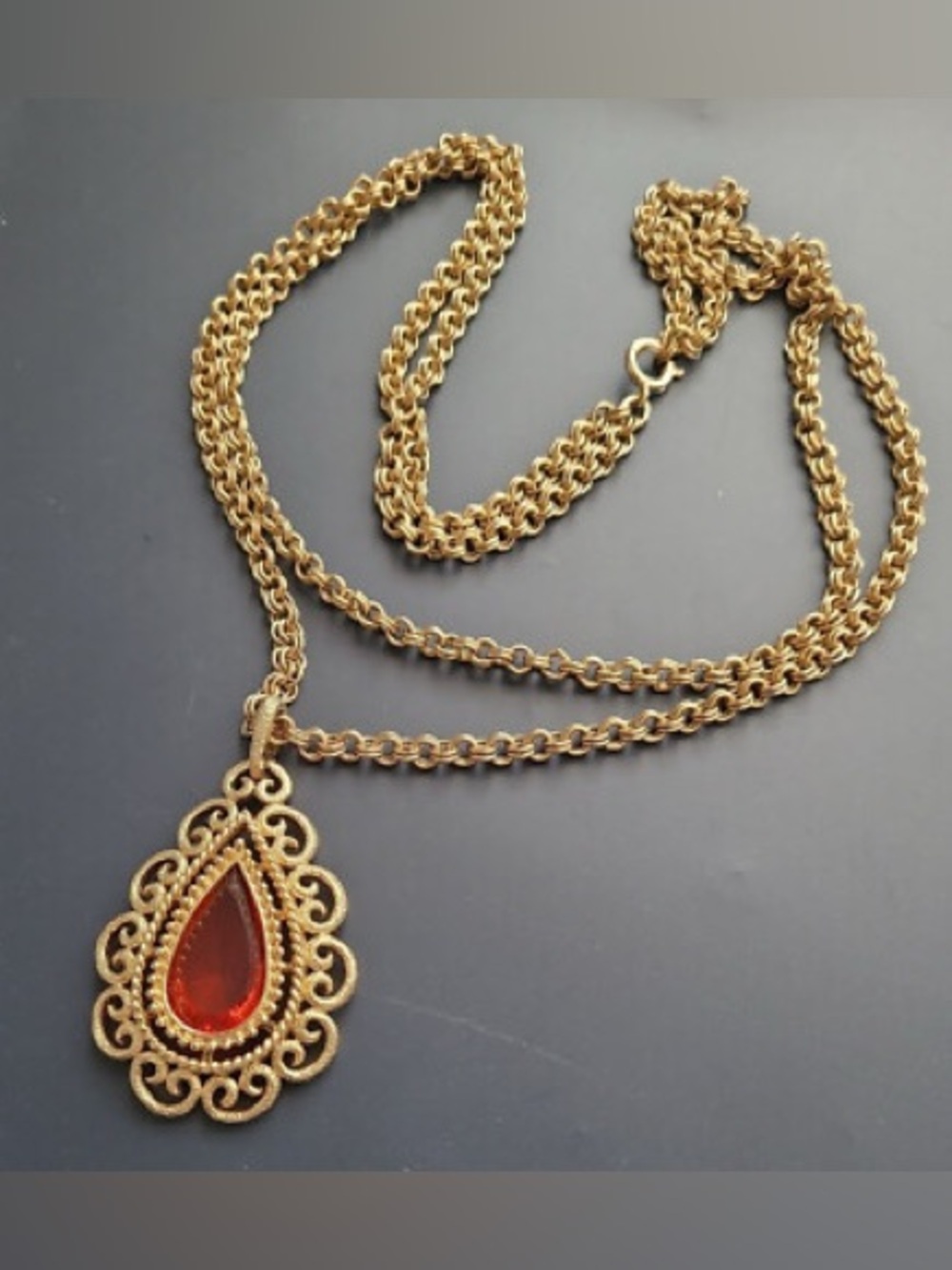 Vintage Avon Granada Gold Chain Necklace with Orange Teardrop Pendant
